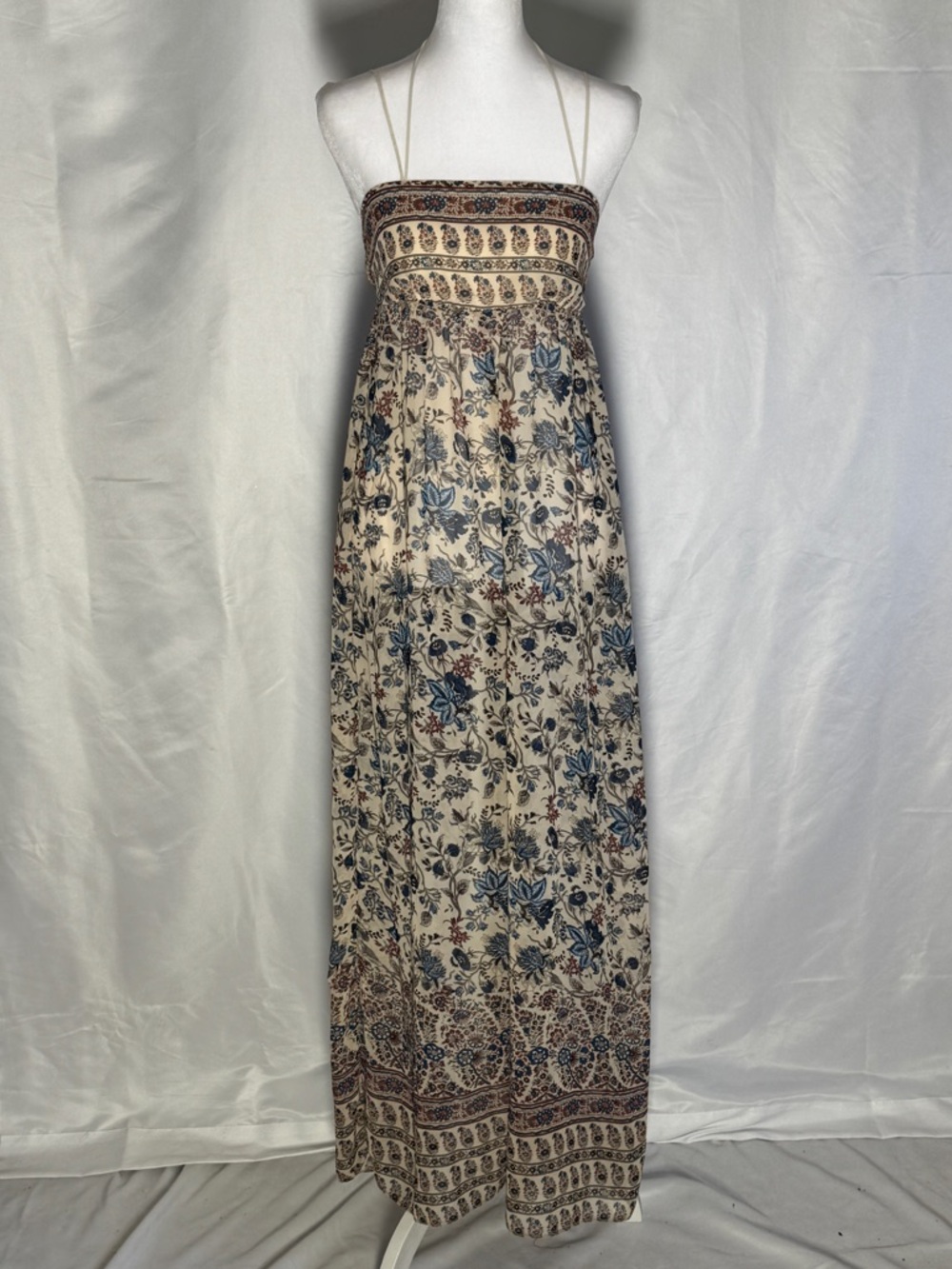 Strapless Boho Floral Maxi Jumpsuit in Cream and Blue
